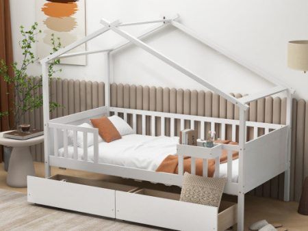 Twin House Bed with 2 Storage Drawers and Roof & Fence Rails-White For Cheap