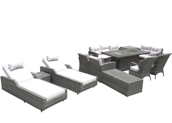 Twelve Piece Outdoor Gray Wicker Multiple Chairs Seating Group Fire Pit Included with White Cushions Cheap