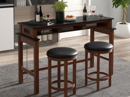 3-Piece Home Bar Set with 2 Upholstered Bar Stools  Outlets and USB Ports-Black Hot on Sale