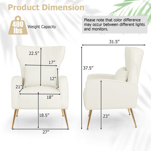 Velvet Upholstered Wingback Chair with Lumbar Pillow and Golden Metal Legs-White For Discount