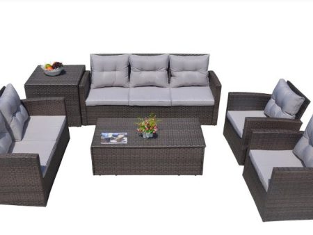 Six Piece Outdoor Brown Metal Sofa Seating Group With Cushions For Sale