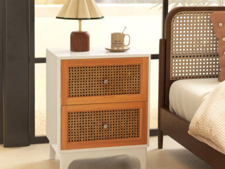 Boho Accent Table Nightstand with 2 Handwoven Rattan Decorated Drawers-White on Sale