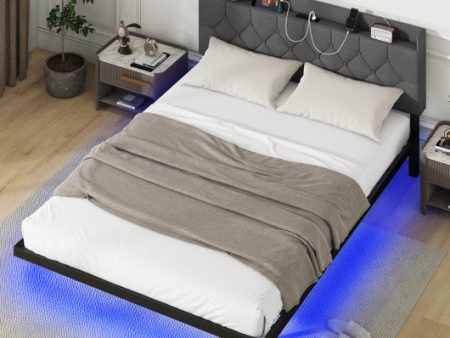 Full Queen Size Floating Bed Frame with LED and Headboard and Charging Station-Queen Size Sale