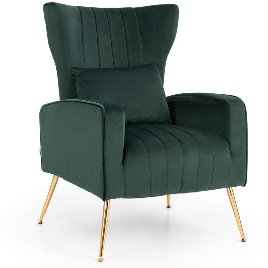 Velvet Upholstered Wingback Chair with Lumbar Pillow and Golden Metal Legs-Turquoise Supply