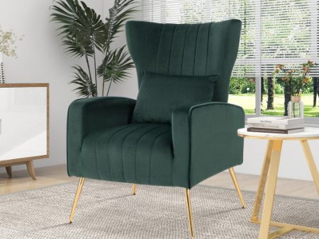 Velvet Upholstered Wingback Chair with Lumbar Pillow and Golden Metal Legs-Turquoise Supply