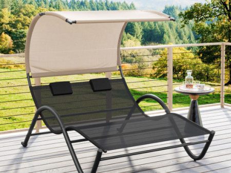 Outdoor Double Chaise Lounge Chair with Sunshade Canopy and Headrest Pillows-Black Online Sale