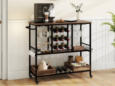 3 Tiers Bar Cart on Wheels with Glass Racks-Brown on Sale