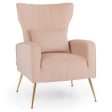 Velvet Upholstered Wingback Chair with Lumbar Pillow and Golden Metal Legs-Pink Fashion