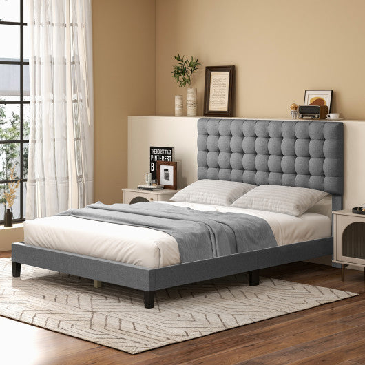 Queen Size Upholstered Platform Bed with Square Stitched Headboard For Discount