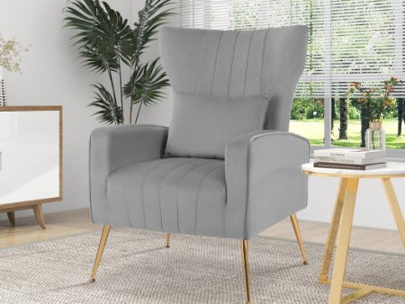 Velvet Upholstered Wingback Chair with Lumbar Pillow and Golden Metal Legs-Gray Online Hot Sale