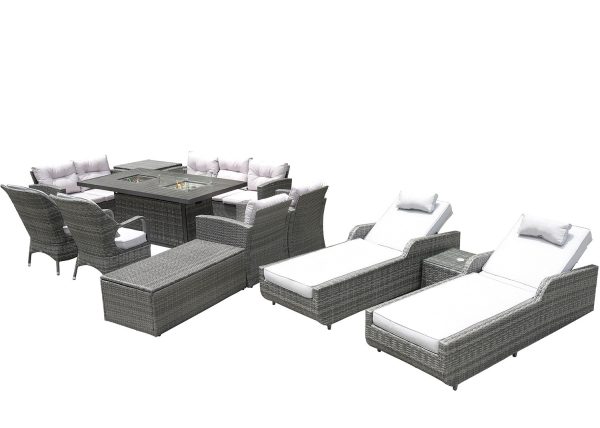 Twelve Piece Outdoor Gray Wicker Multiple Chairs Seating Group Fire Pit Included with White Cushions Cheap