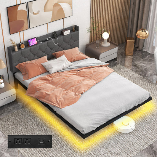 Full Queen Size Floating Bed Frame with LED and Headboard and Charging Station-Queen Size Sale