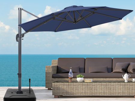 10  Navy Blue Polyester Round Tilt Cantilever Patio Umbrella With Stand Online now