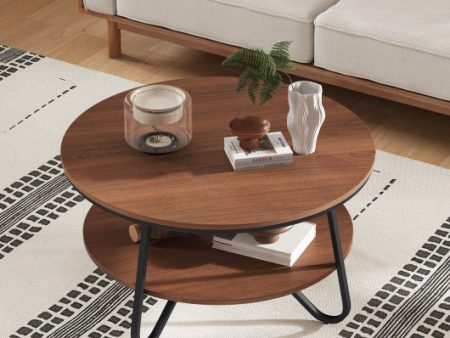 33.5  Round Coffee Table with Wood Grain Finish and Heavy-duty Metal Frame-Walnut Fashion