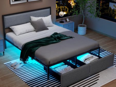 Full Queen Twin Size Bed Frame with LED Lights Drawer and Metal Slats-Queen Size Discount