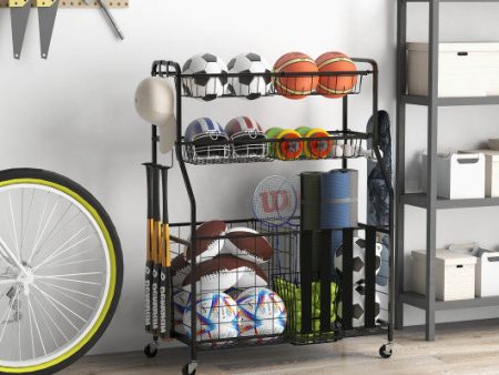 Garage Sports Equipment Organizer with Hooks & Baskets for Basketball-Black Hot on Sale