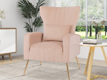 Velvet Upholstered Wingback Chair with Lumbar Pillow and Golden Metal Legs-Pink Fashion