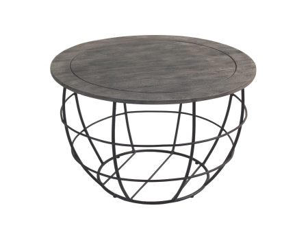 32  Gray Wash Solid Wood and Cast Iron Round Distressed Coffee Table Sale