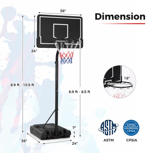 Portable Outdoor Basketball Hoop 6.9-8.5 FT Adjustable with Fillable Base Shatterproof PC Backboard Supply