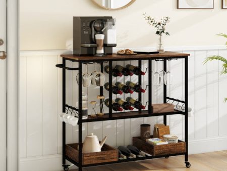 3 Tiers Bar Cart on Wheels with Glass Racks-Rustic Brown Cheap