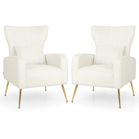 Velvet Upholstered Wingback Chair with Lumbar Pillow and Golden Metal Legs-White For Discount