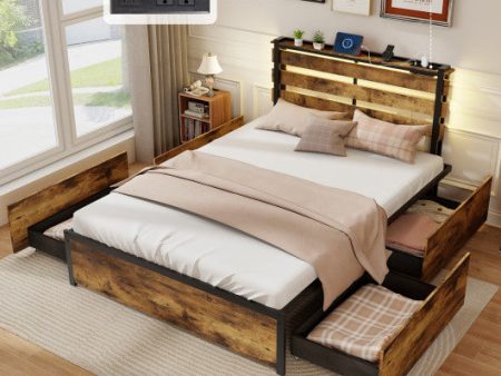 Full Queen Twin Size Bed Frame with Drawers LED Lights and USB Ports-Full Size Online Sale