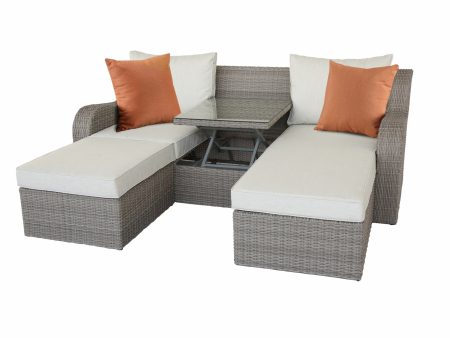 Three Piece Outdoor Gray Wicker Sectional Seating Group with Beige Cushions Discount